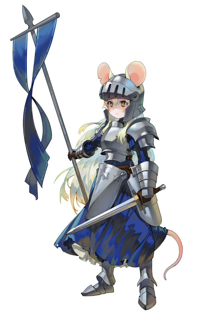 1girl, animal_ears, armor, blonde_hair, blue_dress, blush, breastplate, commentary, dress, ears_through_headwear, english_commentary, flag, gemi_ningen, green_hair, hair_between_eyes, helm, helmet, highres, holding, holding_flag, holding_sword, holding_weapon, knight, long_hair, mouse_ears, mouse_girl, mouse_tail, multicolored_hair, original, pale_skin, ratkin_(rimworld), rimworld, shoulder_plates, simple_background, solo, standing, sword, tail, weapon, white_background, yellow_eyes
