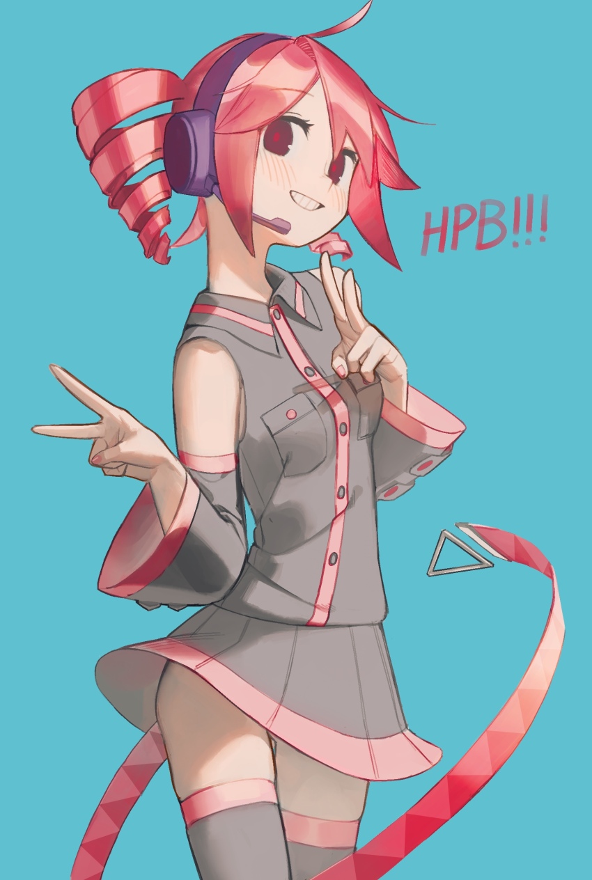 1girl, blue_background, blush, breasts, clothes_lift, collared_shirt, commentary_request, contrapposto