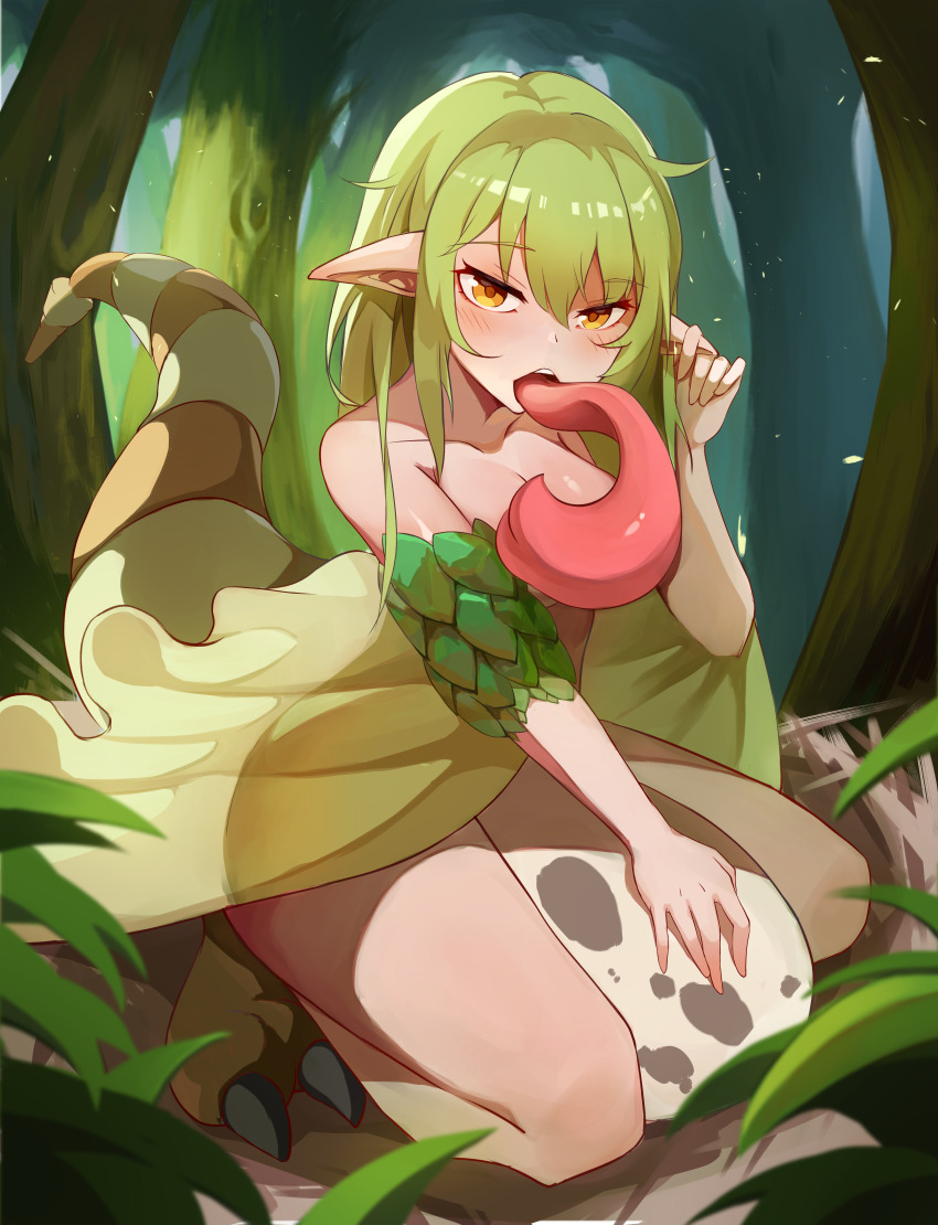 1girl, absurdres, bare_shoulders, black_claws, blush, breasts, chinese_commentary, clawed_feet