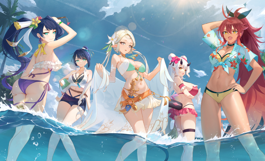 5girls, :o, ahoge, alexa_(epic_seven), aqua_eyes, arm_strap, arm_up, armpit_crease, arms_up, ass, ass_lift, bare_shoulders, bellona_(epic_seven), belt, bikini, bikini_skirt, black_bikini, black_choker, black_horns, black_ribbon, black_tail, black_trim, blue_hair, blue_shorts, blue_sky, bow, bowtie, bracelet, braid, braided_bangs, breasts, brown_belt, cermia_(epic_seven), cermia_(swimsuit_cermia)_(epic_seven), choker, cloud, collarbone, criss-cross_halter, cropped_shirt, cross-shaped_pupils, dagger, day, double-parted_bangs, double_bun, epic_seven, fang, floral_print, floral_print_shirt, floral_print_skirt, flower, flower_request, frilled_bikini, frilled_straps, frills, from_behind, from_below, front-tie_top, gem, gold_thighlet, gradient_hair, green_bikini, green_gem, hair_between_eyes, hair_bun, hair_flower, hair_ornament, hair_ribbon, halterneck, hand_on_own_ass, hand_on_own_head, hand_on_own_hip, high_ponytail, highres, holiday_yufine_(epic_seven), horns, impossible_clothes, impossible_swimsuit, inflatable_toy, iseria_(epic_seven), jewelry, knife, large_breasts, long_hair, looking_at_viewer, looking_back, medium_breasts, medium_hair, multicolored_hair, multiple_girls, navel, open_mouth, orange_belt, orange_eyes, outdoors, pink_bikini, pink_flower, pointy_ears, ponytail, print_skirt, purple_bikini, purple_eyes, purple_hair, red_flower, red_hair, ribbon, ribbon_earrings, sarong, seaside_bellona_(epic_seven), serelith, shin_strap, shirt, short_shorts, short_sleeves, shorts, sidelocks, single_braid, single_thighhigh, skin_fang, skirt, sky, sleeveless, sleeveless_shirt, smile, spiked_tail, standing, strapless, strapless_bikini, summer's_disciple_alexa_(epic_seven), summertime_iseria_(epic_seven), sunlight, swimsuit, symbol-shaped_pupils, tail, tassel, teeth, thick_eyelashes, thigh_strap, thighhighs, thighlet, thighs, tied_shirt, tree, upper_teeth_only, v-shaped_eyebrows, very_long_hair, wading, water, weapon, white_bikini, white_flower, white_hair, white_sarong, white_shirt, white_thighhighs, yellow_bikini, yellow_bow, yellow_bowtie, yellow_flower, yufine_(epic_seven)
