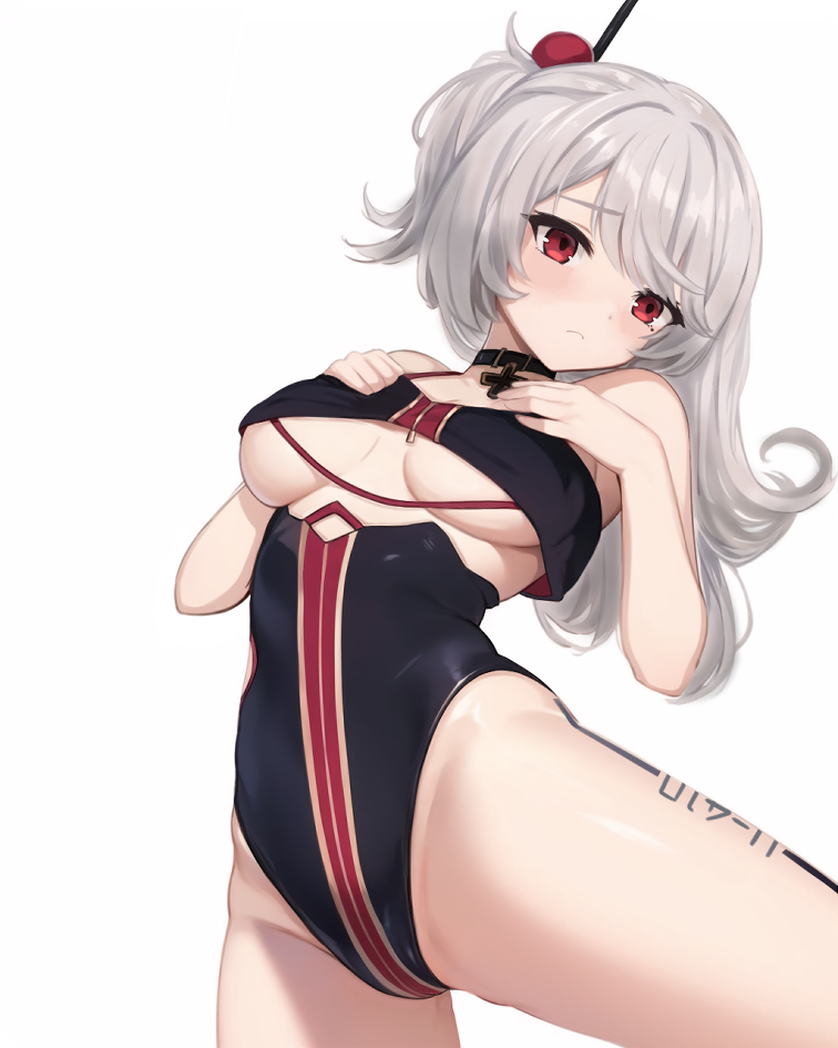 1girl, azur_lane, bikini, black_bikini, blush, breasts, character_name, cowboy_shot