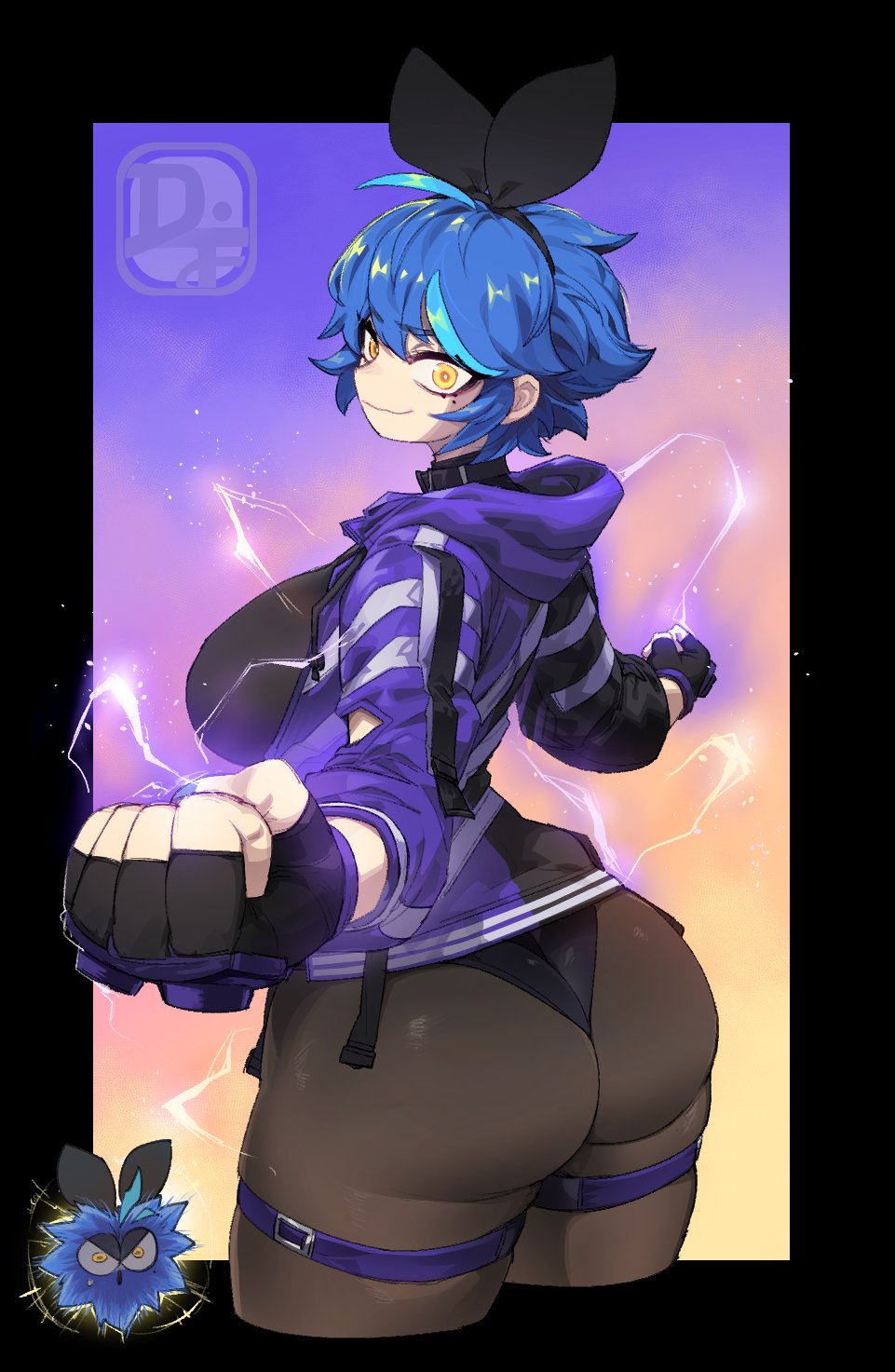1girl, bare_shoulders, black_hairband, black_shorts, black_thighhighs, blue_hair, blue_nails, breasts, collar, cosplay, cropped_legs, dif_(difman), difman, electricity, gloves, hair_between_eyes, hair_ribbon, hairband, highres, jacket, large_breasts, looking_at_viewer, mole, mole_under_eye, multicolored_hair, nail_polish, orange_eyes, original, purple_jacket, reina_(tekken), reina_(tekken)_(cosplay), ribbon, short_hair, shorts, solo, streaked_hair, tekken, tekken_8, thighhighs, yellow_eyes