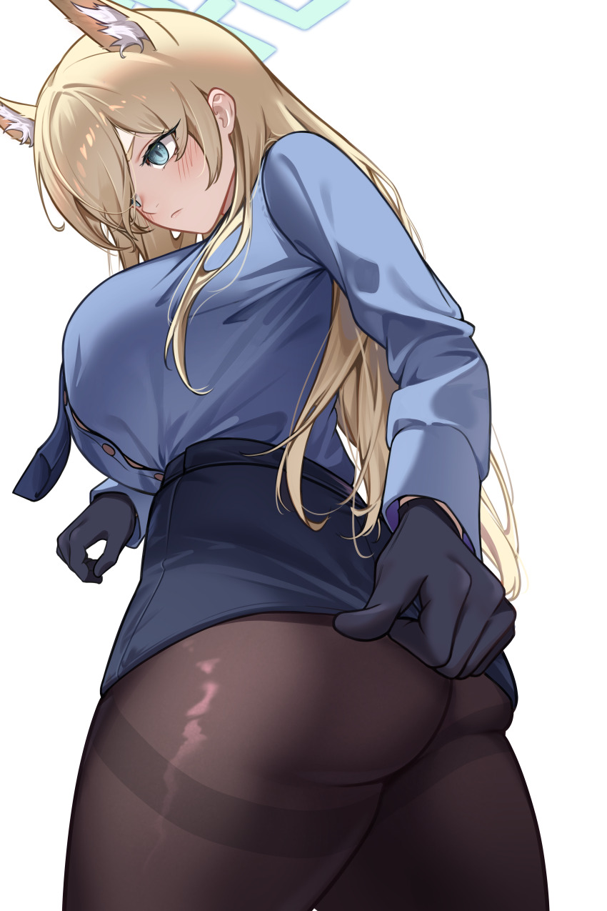 1girl, absurdres, animal_ear_fluff, animal_ears, ass, black_gloves, black_pantyhose, black_skirt