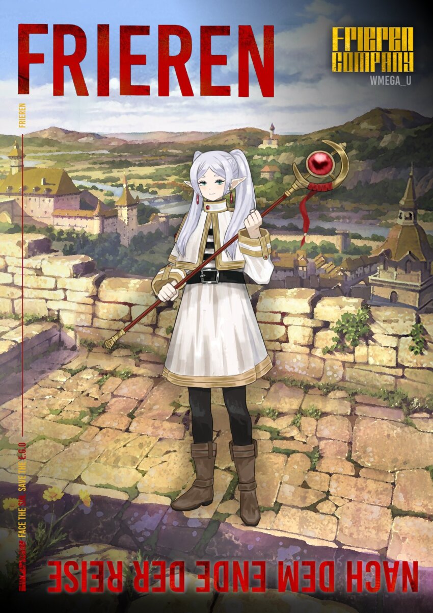 1girl, artist_name, black_pantyhose, black_shirt, boots, brick_road, brick_wall, brown_boots