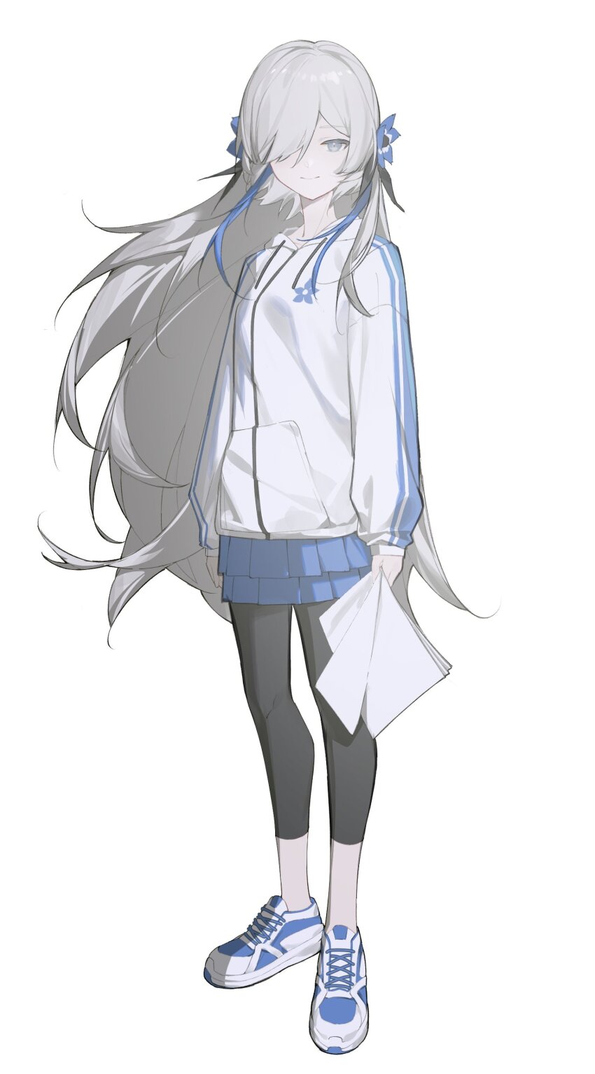 1girl, absurdres, arms_at_sides, black_pants, blue_flower, blue_jacket, blue_skirt, closed_mouth