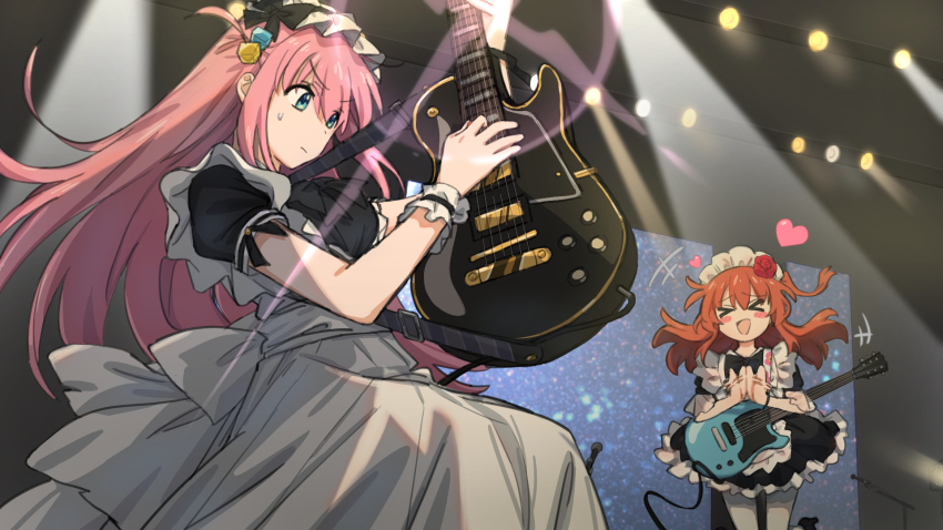 >_<, 2girls, apron, band-maid, blue_eyes, blush, blush_stickers, bocchi_the_rock!, bow, clapping, cube_hair_ornament, dress, electric_guitar, flower, frills, gotoh_hitori, guitar, hair_between_eyes, hair_flower, hair_ornament, heart, highres, holding, holding_instrument, instrument, kita_ikuyo, long_hair, maid, maid_apron, maid_headdress, multiple_girls, music, open_mouth, pink_hair, playing_instrument, red_flower, red_hair, red_rose, rose, sanada_(tony2035176), smile, stage_lights, sweatdrop