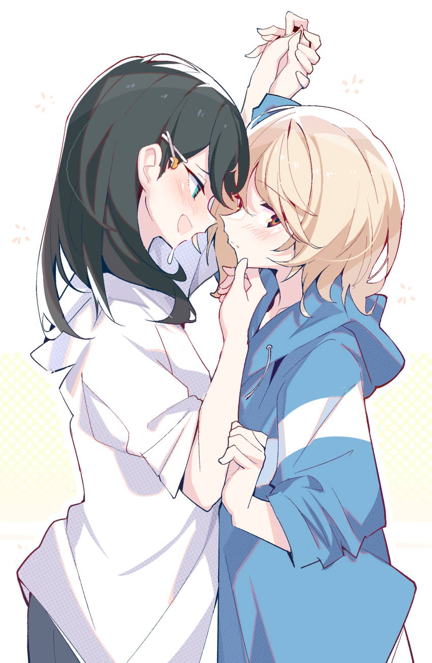 2girls, averting_eyes, bangs_pinned_back, black_hair, black_shorts, blonde_hair, blue_eyes, blue_hoodie