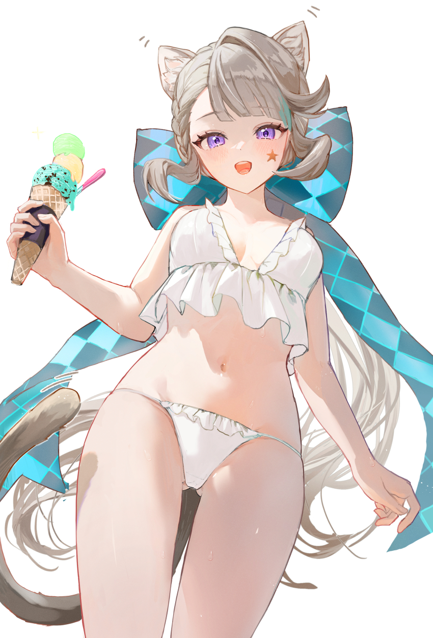 1girl, :d, absurdres, animal_ear_fluff, animal_ears, arm_at_side, bikini, blush, braid, braided_sidelock, breasts, breasts_apart, cat_ears, cat_girl, cat_tail, collarbone, cowboy_shot, dutch_angle, facial_mark, floating_hair, genshin_impact, gluteal_fold, grey_hair, highres, holding, holding_ice_cream_cone, ice_cream_cone, kuqfh, legs_apart, long_bangs, long_hair, looking_at_viewer, low_ponytail, lynette_(genshin_impact), medium_breasts, navel, open_mouth, parted_bangs, ponytail, purple_eyes, simple_background, smile, solo, star_(symbol), star_facial_mark, stomach, swimsuit, tail, thighs, very_long_hair, white_background, white_bikini