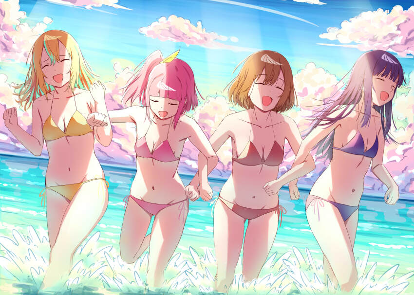 4girls, absurdres, bikini, blonde_hair, blue_bikini, blue_hair, breasts, brown_hair