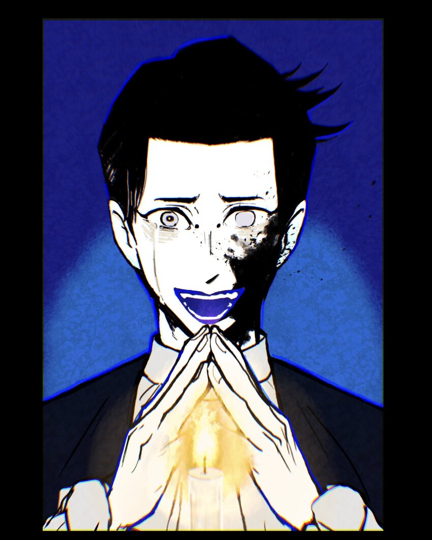 1boy, black_border, black_hair, blue_background, border, candle, commentary_request, crazy_smile, crying, crying_with_eyes_open, fire, grey_eyes, hands_up, highres, kuru_sh, lewis_(shadows_house), limited_palette, looking_at_viewer, male_focus, open_mouth, own_hands_together, shadows_house, shirt, short_hair, smile, solo, spoilers, steepled_fingers, straight-on, streaming_tears, tears, upper_body, white_shirt