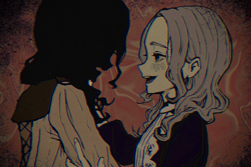 2girls, black_hair, black_skin, border, brown_eyes, brown_hair, chromatic_aberration, colored_skin