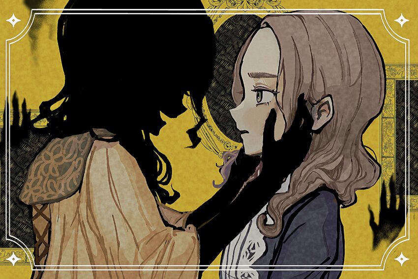 2girls, black_hair, black_skin, border, brown_eyes, brown_hair, colored_skin, from_side