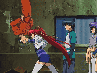 00s, 2boys, 2girls, animated, animated_gif, anime_screenshot, artistic_error, comic_party, haga_reiko, kuhonbutsu_taishi, long_sleeves, lowres, multiple_boys, multiple_girls, punching, punching_bag, qvga, red_hair, sendo_kazuki, sendou_kazuki, takase_mizuki, thighhighs, upside-down