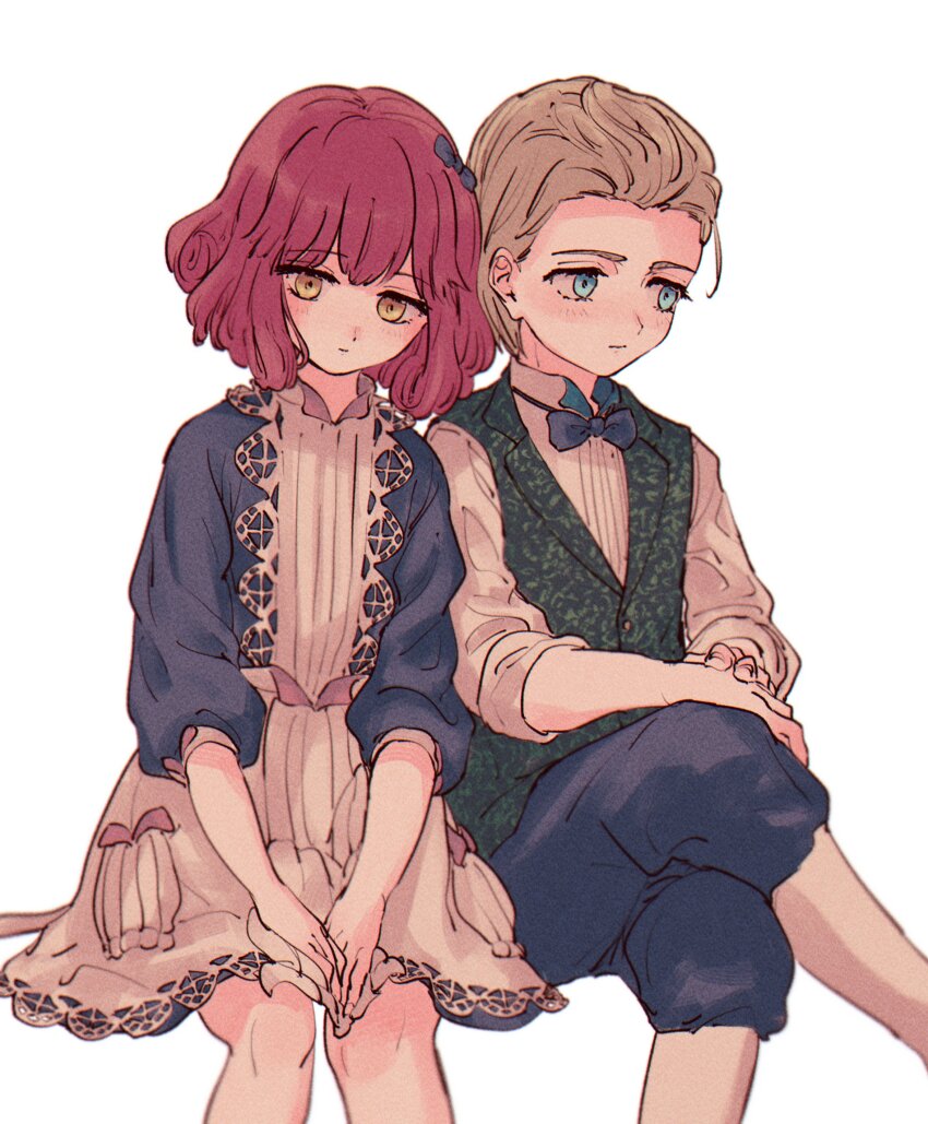 1boy, 1girl, apron, blonde_hair, blue_dress, blue_eyes, blue_pants, bow