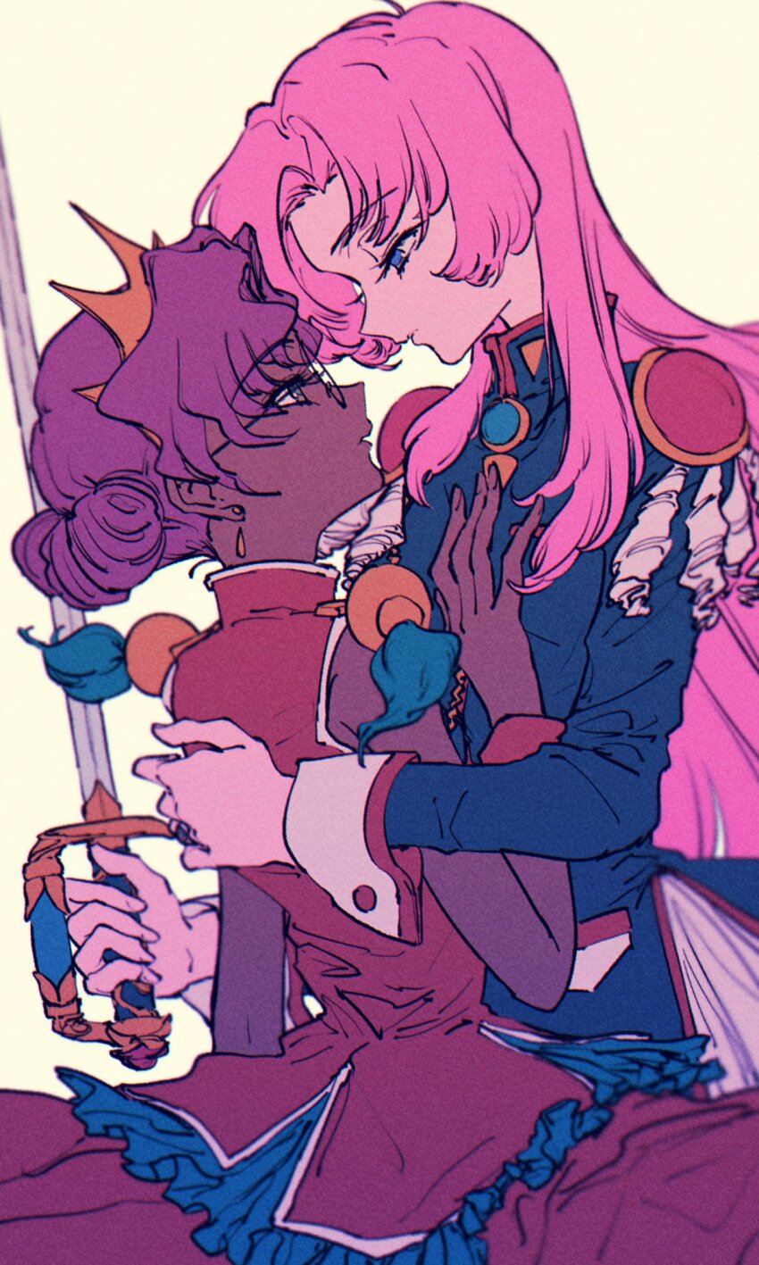 2girls, black_jacket, blue_eyes, closed_mouth, cowboy_shot, crown, dark-skinned_female, dark_skin