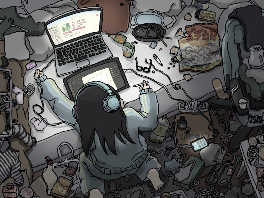 1girl, bag, bag_of_chips, barefoot, black_hair, blue_jacket, blue_pants, bottle