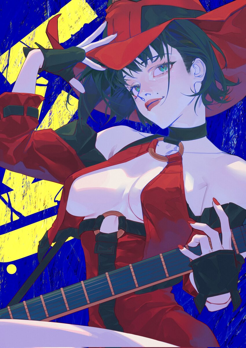 1girl, ashina_kasa, bare_shoulders, black_hair, breasts, choker, cleavage, dress, electric_guitar, fingerless_gloves, gloves, guilty_gear, guitar, hat, highres, holding, holding_guitar, holding_instrument, i-no, instrument, large_breasts, looking_at_viewer, mole, mole_above_mouth, red_dress, red_hat, red_leather, red_lips, short_hair, solo, upper_body, witch_hat