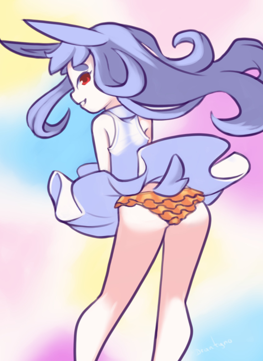 1girl, amy_(ryuhi), ass, drantyno, dress, from_behind, grey_hair, grin