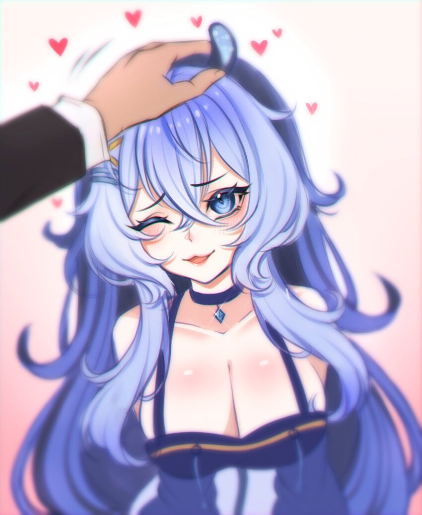 1girl, animal_ears, blue_choker, blue_hair, blurry, breasts, choker, cleavage