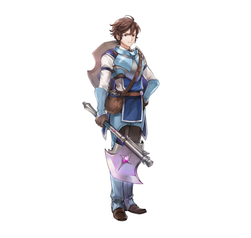 1boy, absurdres, aged_down, axe, brown_eyes, brown_gloves, brown_hair, fire_emblem, fire_emblem_awakening, fire_emblem_heroes, frederick_(young)_(fire_emblem), frederick_(fire_emblem), frown, gloves, highres, holding, holding_axe, looking_at_viewer, nintendo, official_art, pebble, pouch, shield, shield_on_back, short_hair, solo, tachi-e, tagme, v-shaped_eyebrows, wada_sachiko