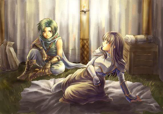 1boy, 1girl, armor, astrid_(fire_emblem), bag, bed_sheet, black_hair, boots