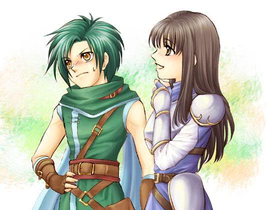 1boy, 1girl, armor, astrid_(fire_emblem), belt, black_hair, blush, brown_eyes