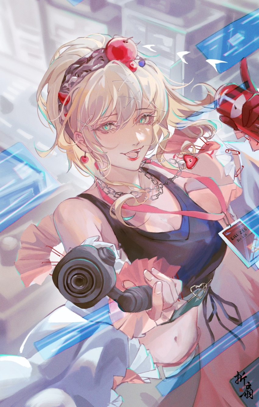 1girl, absurdres, apple, artist_logo, bare_shoulders, bianca_(path_to_nowhere), black_shirt, blonde_hair, breasts, building, camera, can, chain, chain_necklace, cherry_earrings, chinese_commentary, city, cleavage, commentary, crop_top, drink_can, earrings, fangs, food, food-themed_earrings, food-themed_hair_ornament, food_themed_earrings, fruit, fruit_hair_ornament, green_eyes, grey_hairband, grey_pants, hair_between_eyes, hair_ornament, hairband, heart, heart_necklace, highres, holding, holding_can, hologram, id_card, jacket, jewelry, logo, looking_at_viewer, medium_breasts, midriff, multiple_necklaces, navel, necklace, off_shoulder, open_mouth, pants, path_to_nowhere, pink_jacket, red_lips, road, safety_pin, selfie_stick, shirt, shoulder_tattoo, signature, slit_pupils, smile, soda_can, solo, tattoo, updo, upper_body, zheshanshan