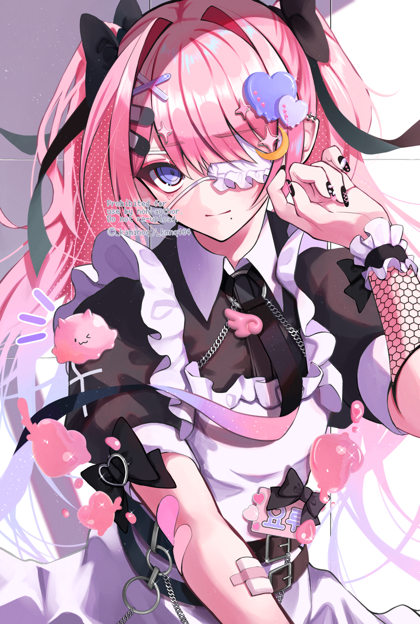 1boy, aegyo_sal, aqua_eyes, bandages, bandaid, bandaid_hair_ornament, black_bow, black_nails, bow, crossdressing, crossdressing_(mtf), eyepatch, goth_fashion, hair_bow, hair_ornament, hair_ribbon, heart, heart_hair_ornament, heart_o-ring, highres, kaminoq, looking_at_viewer, maid, male_focus, male_maid, melting_heart, mole, mole_under_mouth, nail_polish, o-ring, original, piercing, pink_hair, ribbon, solo, trap, twintails, x_hair_ornament, yami_kawaii