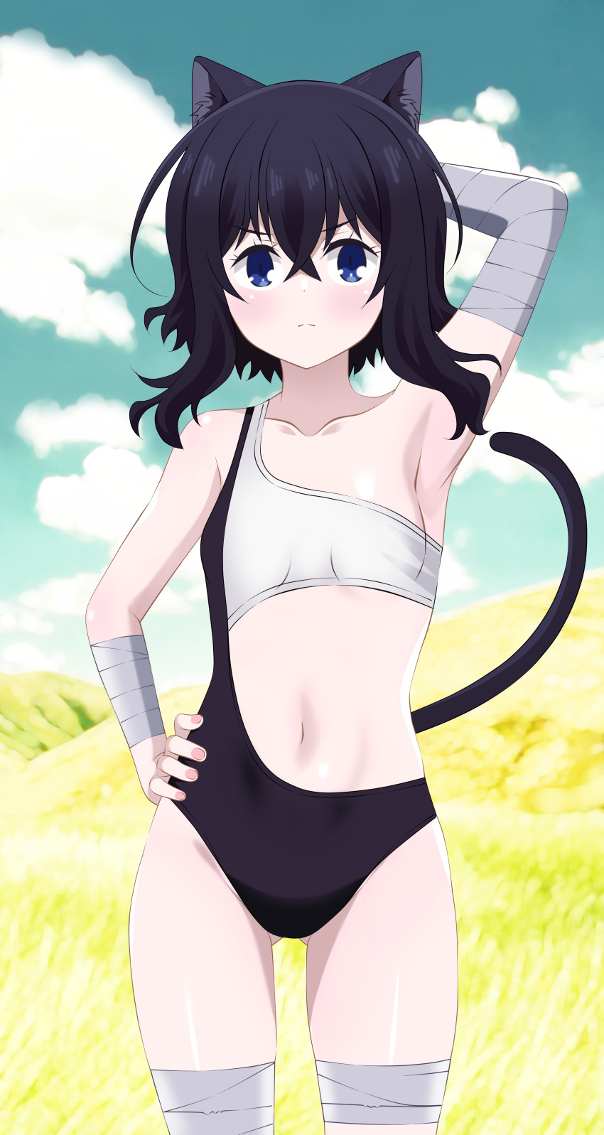 1girl, absurdres, animal_ears, arm_behind_back, arm_up, asymmetrical_clothes, asymmetrical_one-piece_swimsuit, bandaged_arm, bandaged_leg, bandages, bikini, bikini_top_only, black_hair, black_one-piece_swimsuit, blue_eyes, blue_sky, blush, breasts, cat_ears, cat_tail, closed_mouth, collarbone, cowboy_shot, day, dot_nose, eyebrows, eyelashes, female_focus, fingernails, fran_(tensei_shitara_ken_deshita), hand_on_own_hip, highres, kiniro_tofu, loli, looking_at_viewer, medium_hair, navel, nipples, one-piece_swimsuit, outdoors, serious, sideless_one-piece_swimsuit, sideless_outfit, single-shoulder_bikini, sky, small_breasts, solo, standing, swimsuit, tail, tensei_shitara_ken_deshita, white_bikini