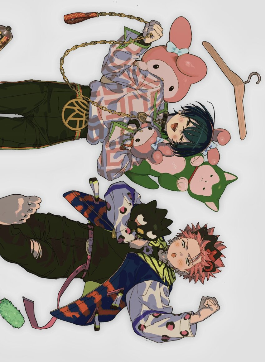 2boys, animal_ear_hairband, animal_ears, bangs_pinned_back, belt, black_eyes, black_hair, black_pants