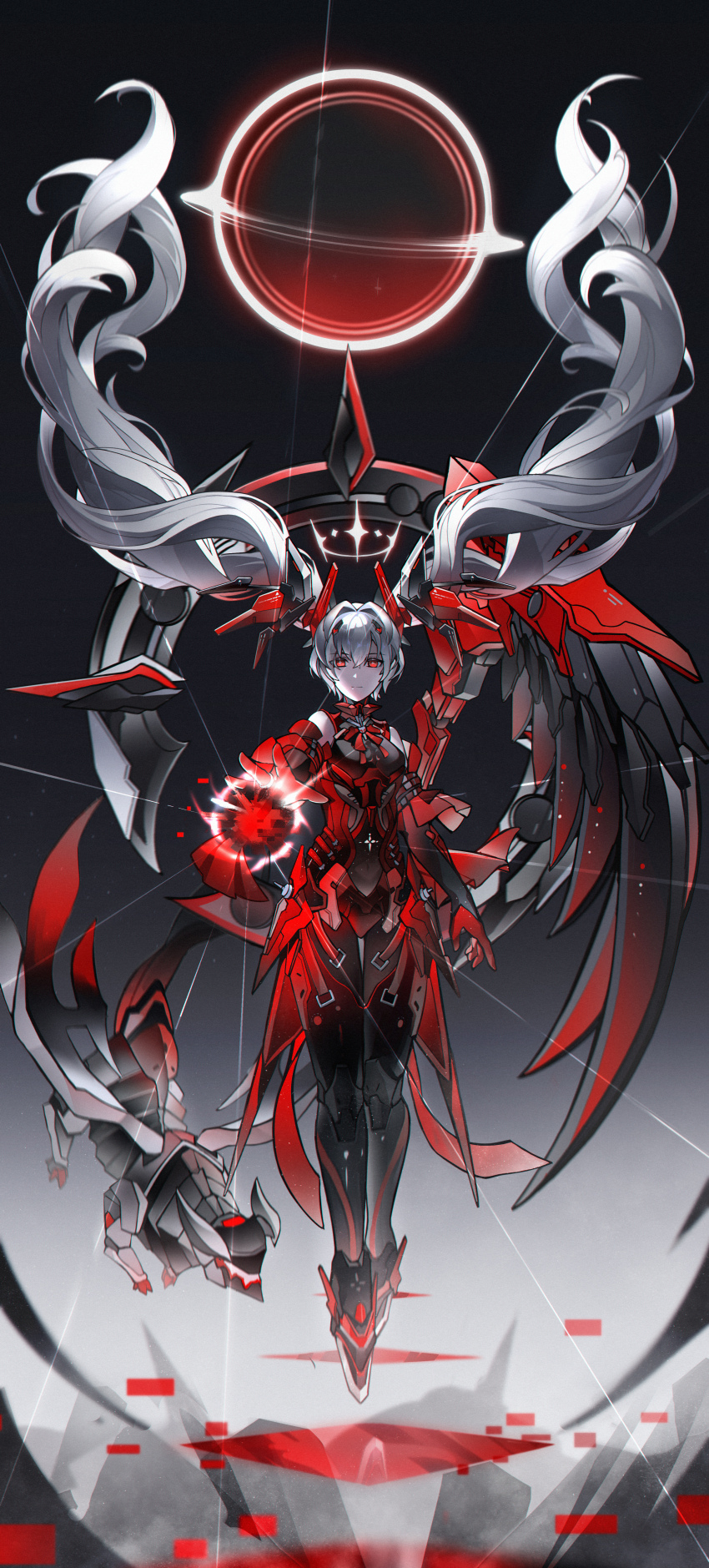 1girl, absurdres, black_bodysuit, black_gloves, black_hole, bodysuit, crossed_bangs, detached_sleeves