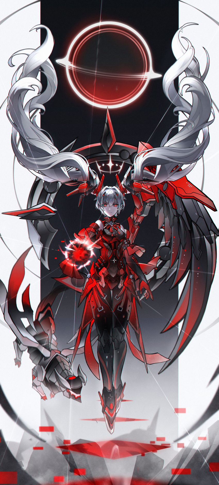 1girl, absurdres, black_bodysuit, black_gloves, black_hole, bodysuit, crossed_bangs, detached_sleeves