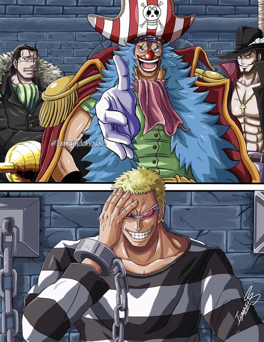 4boys, artist_name, ascot, black_hair, black_suit, blonde_hair, blue_hair, buggy_the_clown, chain, closed_mouth, clown_nose, coat, coat_on_shoulders, crocodile_(one_piece), cross, cross_necklace, cuffs, devil_fruit_power, donquixote_doflamingo, dracule_mihawk, earrings, epaulettes, facepaint, facial_hair, formal_clothes, gloves, goatee, green_ascot, green_shirt, grin, hair_slicked_back, hand_on_own_face, handcuffs, hat, hat_feather, high_collar, highres, hook_hand, impel_down, ismaindahouse, jewelry, long_hair, looking_at_another, makeup, male_focus, medium_hair, multiple_boys, muscular, muscular_male, mustache, necklace, one_piece, open_clothes, open_mouth, pirate_hat, prison_cell, red_ascot, red_coat, scar, scar_on_face, scene_reference, shirt, short_hair, signature, skull_and_crossbones, smile, suit, sunglasses, teeth, tongue, twitter_username, very_long_hair, white_gloves