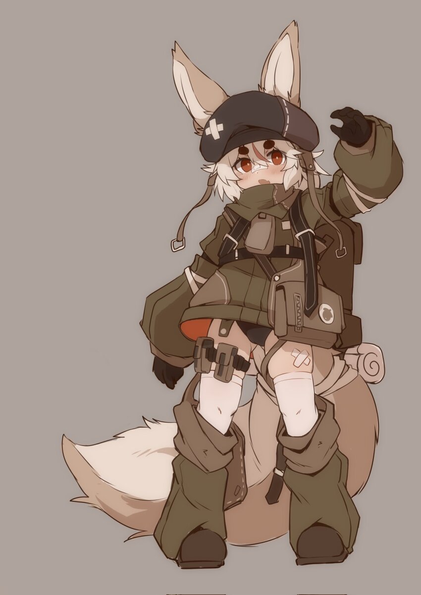 1girl, animal_ears, backpack, bad_id, bad_twitter_id, bag, bandaged_tail, bandaid, bandaid_on_face, bandaid_on_nose, bandaid_on_thigh, belt, beret, black_boots, black_gloves, black_hat, black_panties, boots, bright_pupils, dot_nose, ears_through_headwear, fang, fox_ears, fox_girl, fox_tail, full_body, gloves, gluteal_fold, green_jacket, grey_background, hair_between_eyes, hand_up, hat, highres, hikimayu, jacket, koko_comet, leg_warmers, long_sleeves, looking_at_viewer, multicolored_hair, open_mouth, original, panties, pouch, red_eyes, red_hair, short_hair, shoulder_belt, simple_background, skin_fang, skindentation, solo, standing, streaked_hair, tail, tail_pouch, thigh_pouch, thigh_strap, thighhighs, two-sided_fabric, two-tone_hair, underwear, white_hair, white_pupils, white_thighhighs