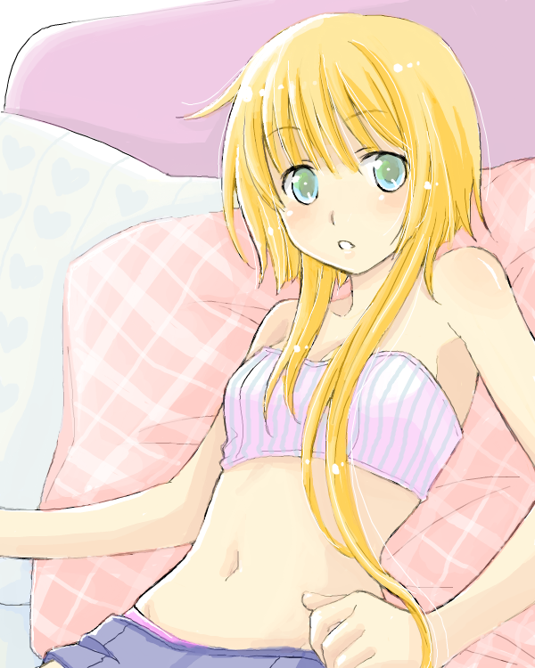 1girl, bad_drawr_id, bad_id, bandeau, bare_arms, bare_shoulders, blonde_hair, blush, breasts, character_request, cleavage, copyright_request, green_eyes, hinonekoku, long_hair, looking_at_viewer, midriff, navel, oekaki, panties, parted_lips, pillow, pink_panties, pink_shirt, purple_shirt, shirt, short_hair_with_long_locks, skirt, small_breasts, solo, strapless, striped_clothes, striped_shirt, tube_top, underwear