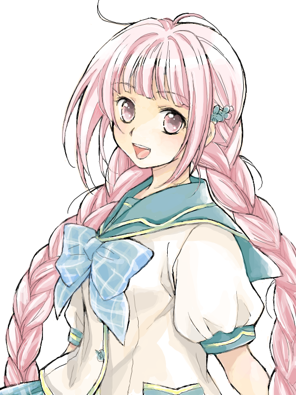 1girl, :d, ahoge, bad_drawr_id, bad_id, blue_bow, blue_bowtie, blunt_bangs