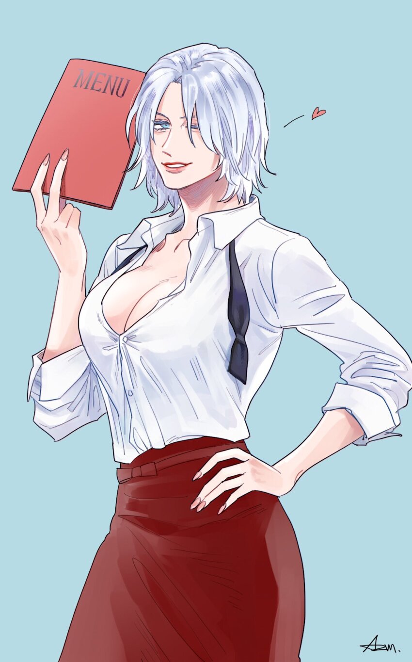 1girl, azuma_xoxo_9, blue_eyes, bow, bowtie, breasts, cleavage, dante_(devil_may_cry), devil_may_cry_(series), devil_may_cry_5, genderswap, genderswap_(mtf), highres, holding, holding_menu, large_breasts, lipstick, looking_at_viewer, makeup, mature_female, menu, one_eye_closed, shirt, smile, solo, waiter, waitress, white_hair
