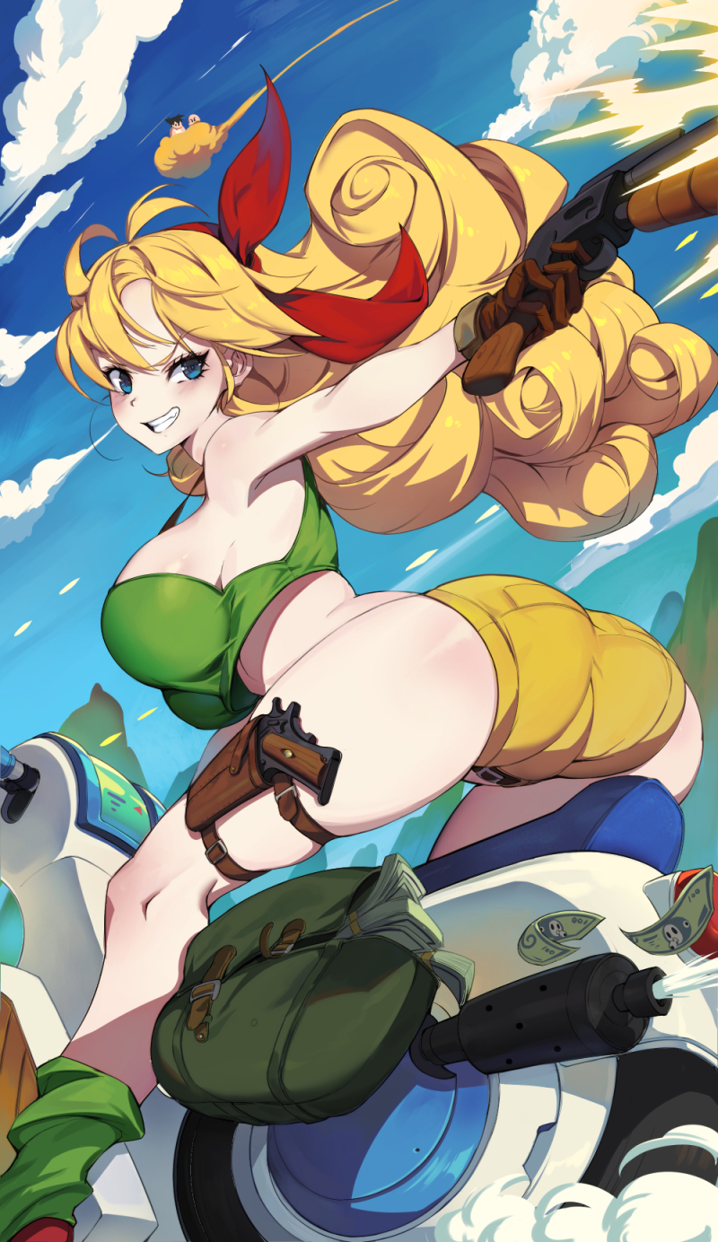 1girl, 2boys, ass, breasts, cloud, curly_hair, dragon_ball, dragon_ball_(classic)