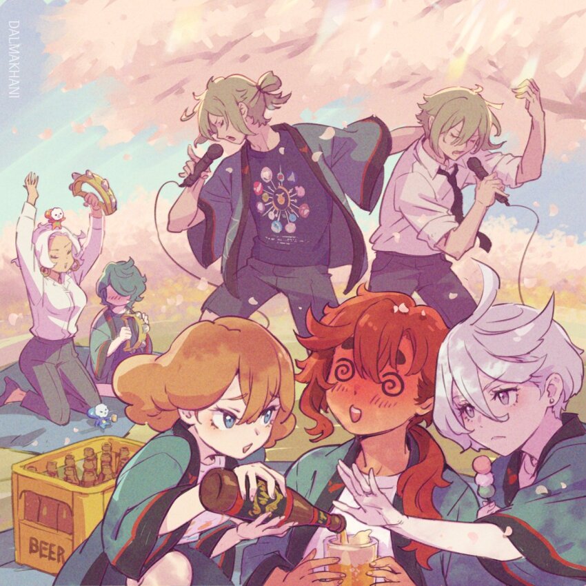 2boys, 5girls, ahoge, alcohol, beer, blue_eyes, blue_hair, bottle