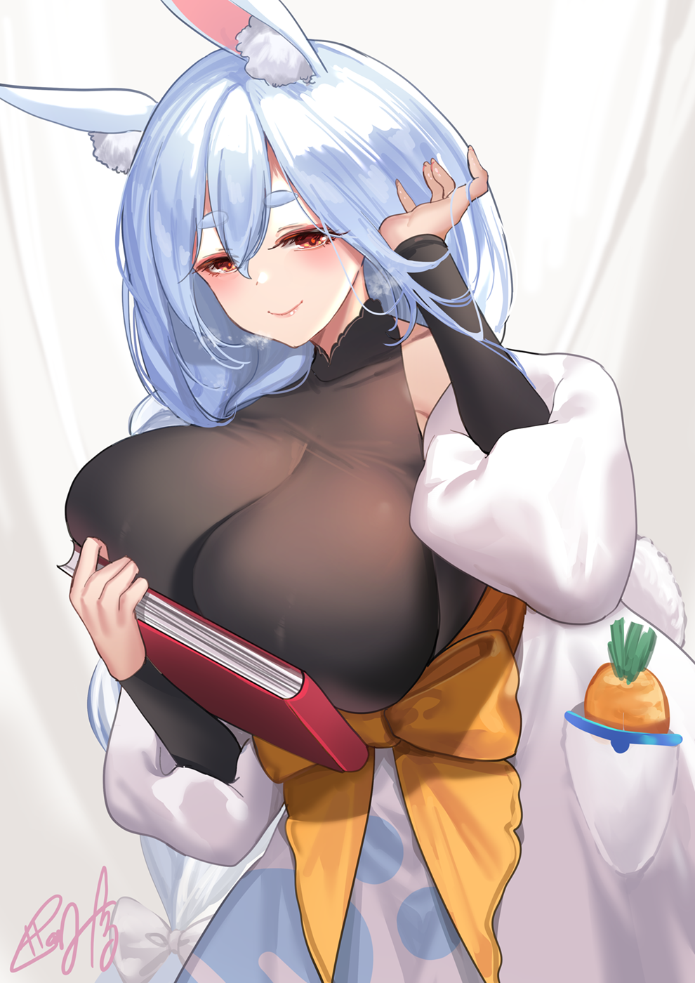 1girl, alternate_breast_size_(larger), animal_ear_fluff, animal_ears, apron, black_bodysuit, blue_hair, bodysuit