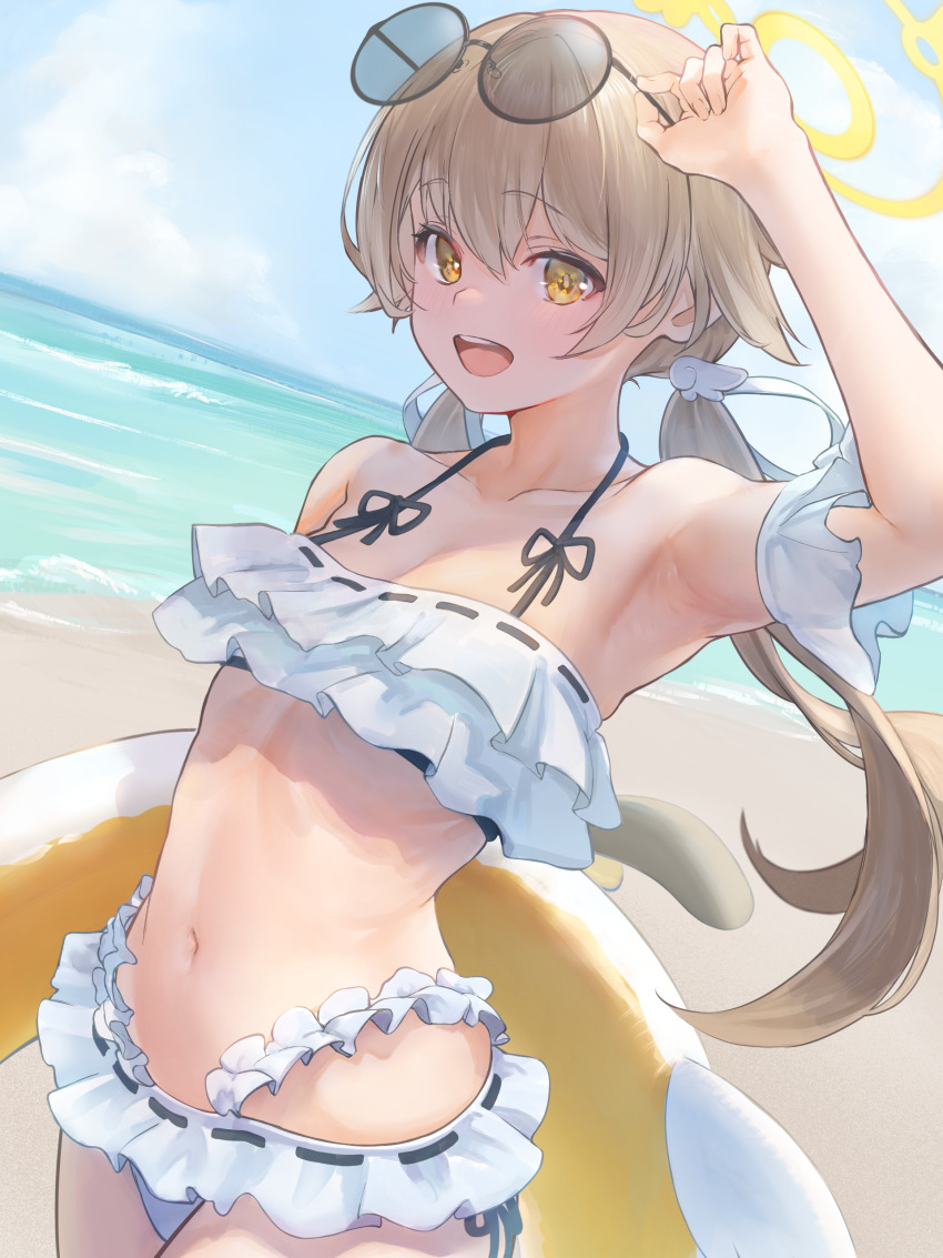 1girl, absurdres, armpits, bare_shoulders, beach, bikini, blue_archive, blush