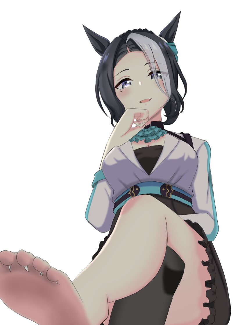 1girl, animal_ears, ascot, barefoot, black_hair, black_skirt, blue_ascot, bracelet