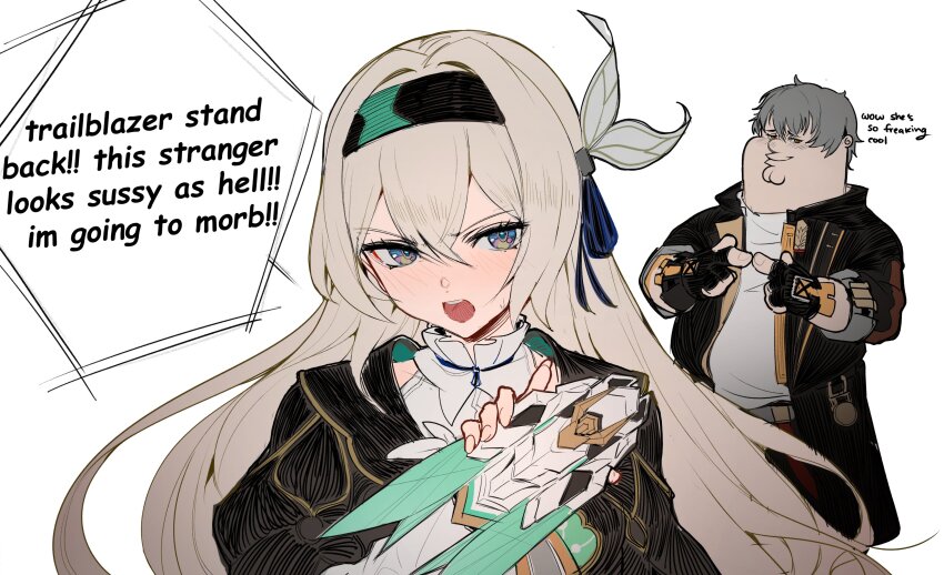 1girl, absurdres, black_hairband, black_jacket, bow, caelus_(honkai:_star_rail), caelus_(honkai:_star_rail)_(cosplay), cosplay, english_text, family_guy, firefly_(honkai:_star_rail), grey_hair, hair_between_eyes, hair_bow, hair_intakes, hairband, highres, honkai:_star_rail, honkai_(series), it's_morbin'_time_(meme), jacket, kowai_(iamkowai), long_hair, looking_at_viewer, meme, peter_griffin, shirt, smile, solo, trailblazer_(honkai:_star_rail), white_shirt