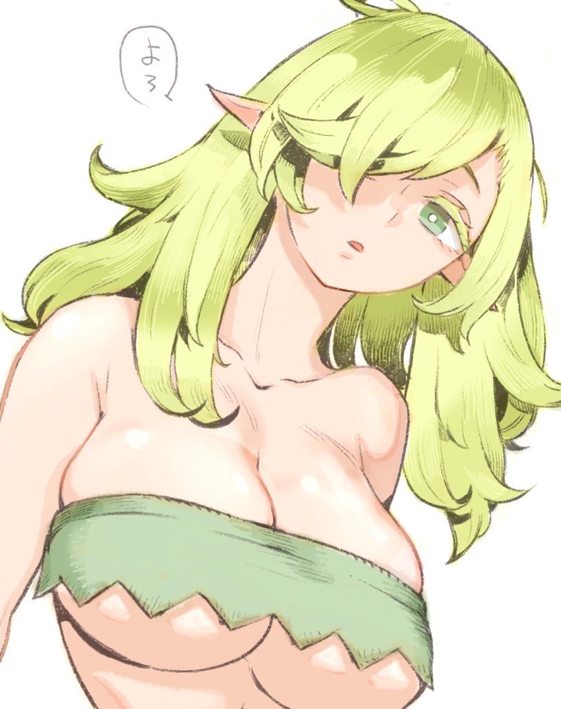 1girl, bandeau, bare_shoulders, breasts, collarbone, commentary_request, elf, expressionless