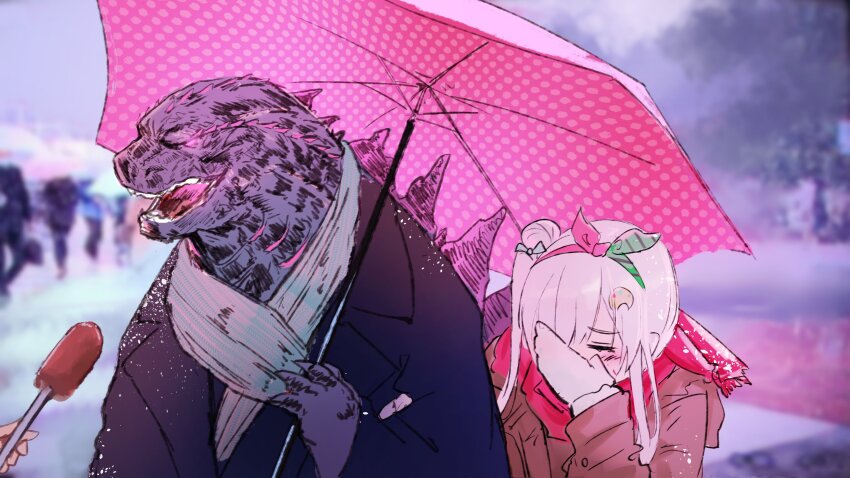 1girl, absurdres, airani_iofifteen, black_coat, blurry, blurry_background, closed_eyes, coat