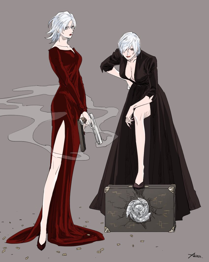 2girls, azuma_xoxo_9, black_dress, blue_eyes, breasts, dante_(devil_may_cry), devil_may_cry, devil_may_cry_(series), devil_may_cry_4, devil_may_cry_5, dress, ebony_&amp;_ivory, genderswap, genderswap_(mtf), gun, hair_over_one_eye, handgun, highres, holding, holding_gun, holding_weapon, long_dress, long_sleeves, looking_at_viewer, mature_female, multiple_girls, pale_skin, side_slit, simple_background, smile, standing, upper_body, weapon, white_hair