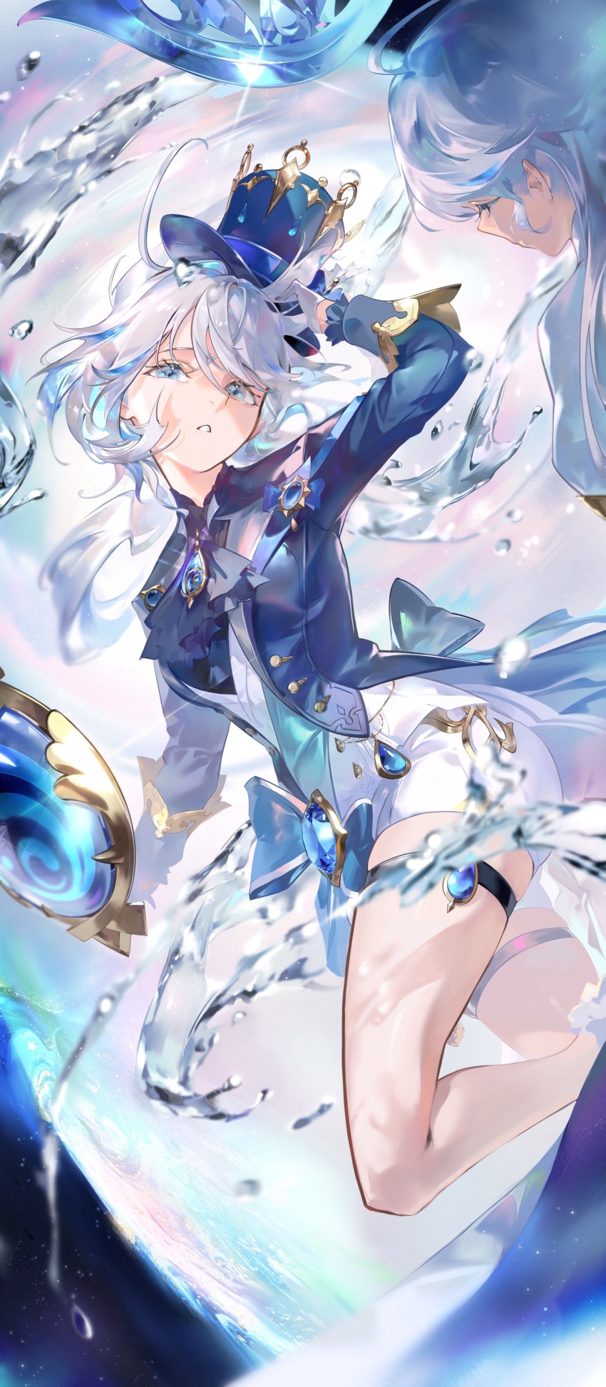 1girl, absurdres, arm_up, ascot, blue_eyes, blue_gem, blue_hat, blue_jacket