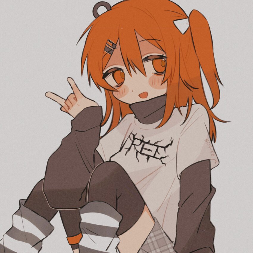 1girl, a.i._voice, adachi_rei, alternate_costume, black_shirt, black_thighhighs, borrowed_design, character_name, clothes_writing, grey_background, grey_leg_warmers, grey_skirt, hair_between_eyes, hair_ornament, hair_ribbon, hairclip, hand_up, headlamp, highres, knees_up, layered_sleeves, leg_warmers, long_sleeves, looking_at_viewer, m/, medium_hair, nasi_(na_si), one_side_up, open_mouth, orange_eyes, orange_hair, plaid_clothes, plaid_skirt, ribbon, shirt, short_over_long_sleeves, short_sleeves, simple_background, sitting, skirt, sleeves_past_wrists, smile, solo, striped_leg_warmers, t-shirt, thighhighs, turtleneck, utau, white_ribbon, white_shirt