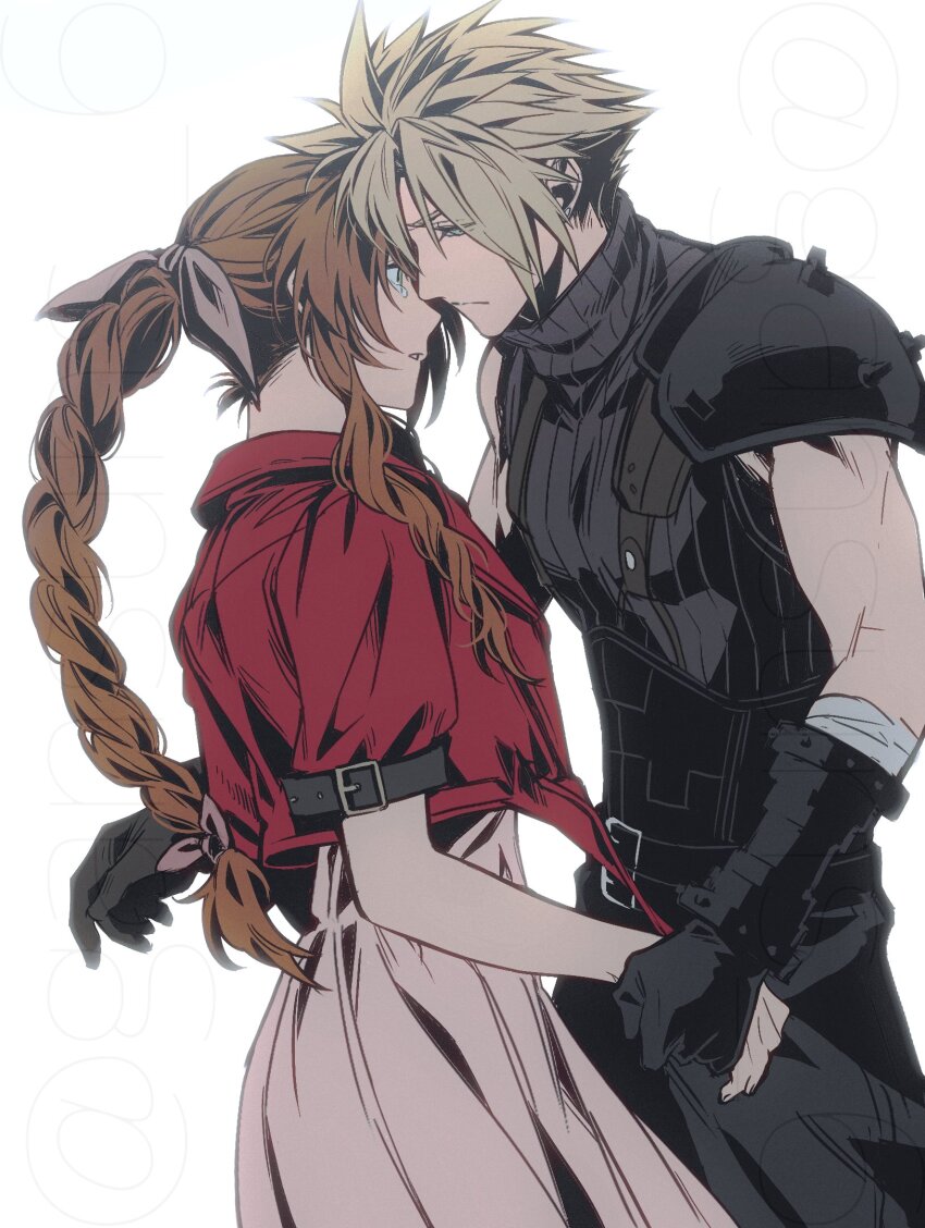 1boy, 1girl, aerith_gainsborough, armor, bandaged_arm, bandages, belt, black_gloves