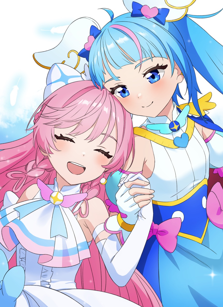 2girls, blue_eyes, blue_hair, bow, closed_eyes, cure_prism, cure_sky, elbow_gloves